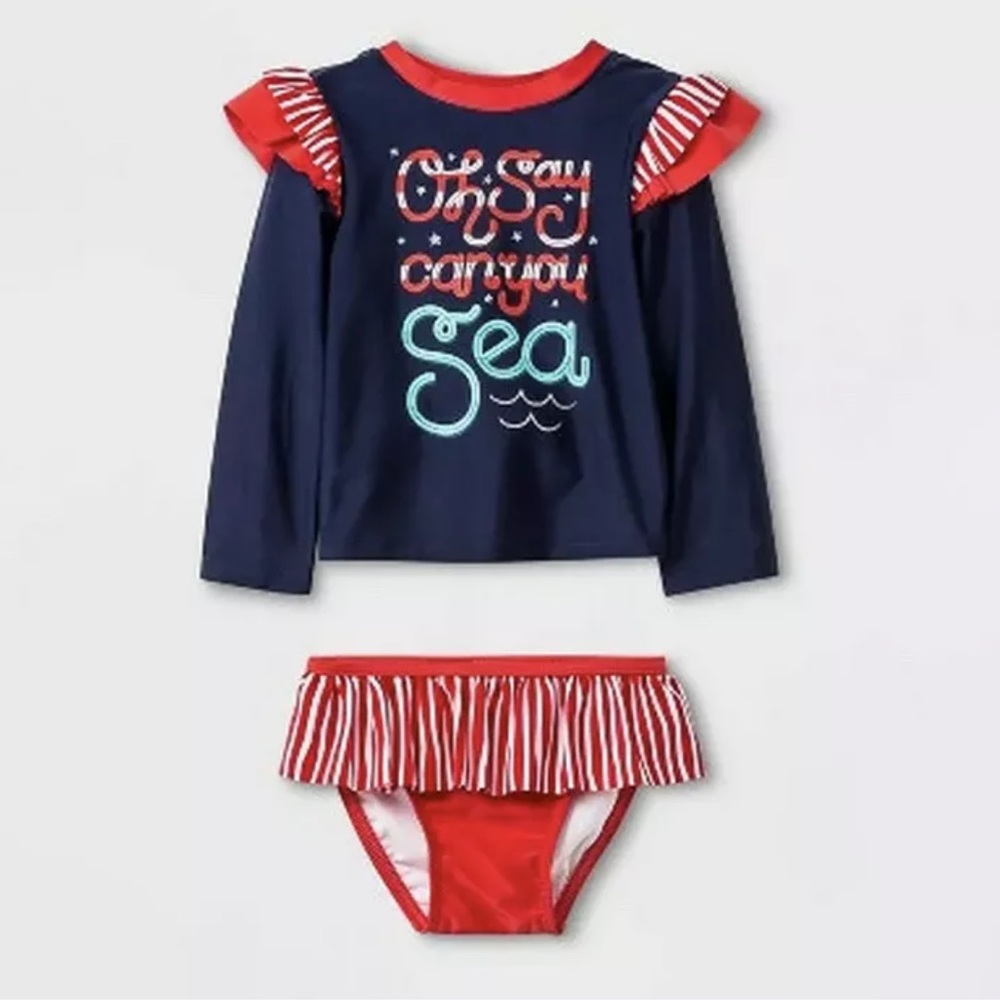 Cat & Jack Girls Blue Red Swimsuit Long Sleeve Rash Guard Bikini Girls Kids 18M